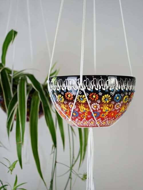 flame ceramic hand painted hanging pot plant holder large