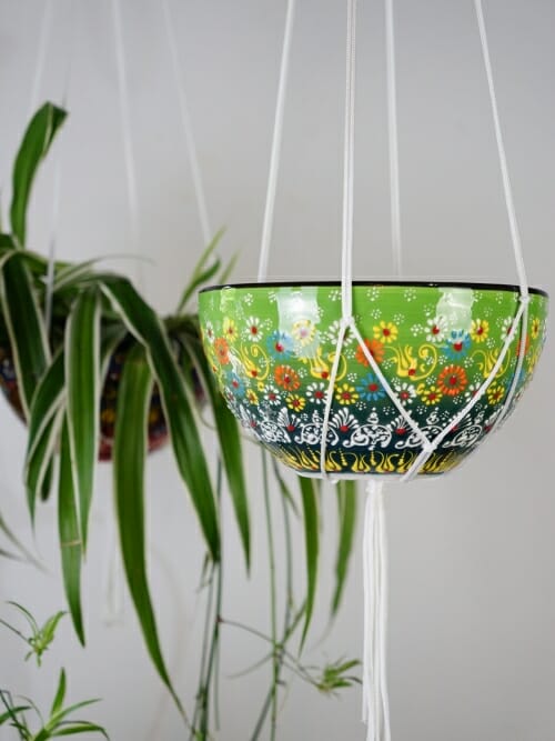 light green ceramic hand painted hanging pot plant holder large
