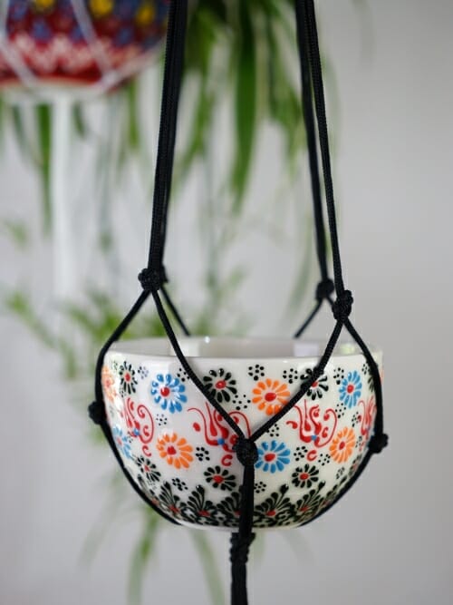 white ceramic hand painted hanging pot plant holder small