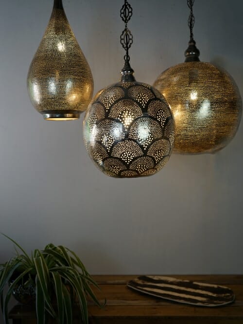 set of three hand punched Egyptian ceiling lights with platter