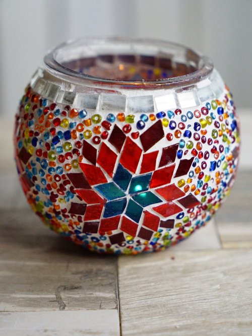 8cm small mosaic candle holder red multicolour