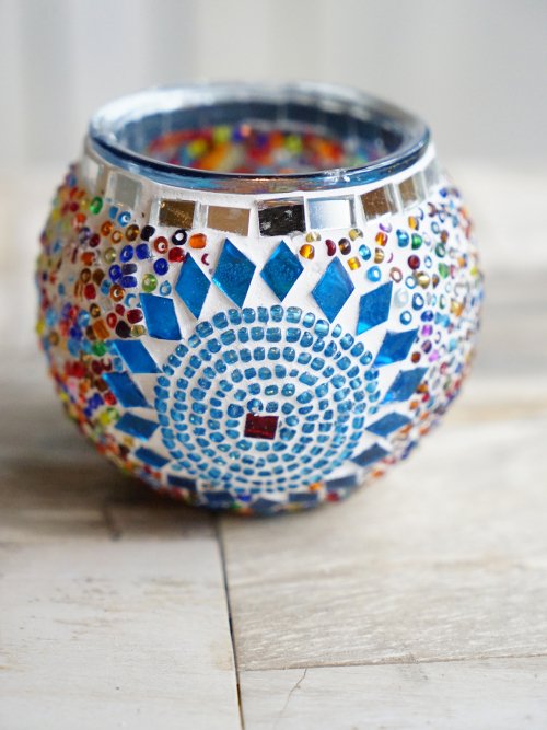 8cm small mosaic candle holder turquoise sun