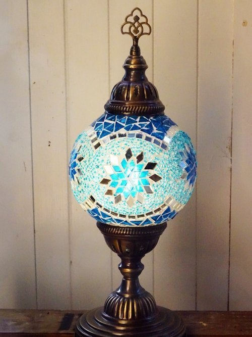 Turquoise Turkish mosaic table lamp light on