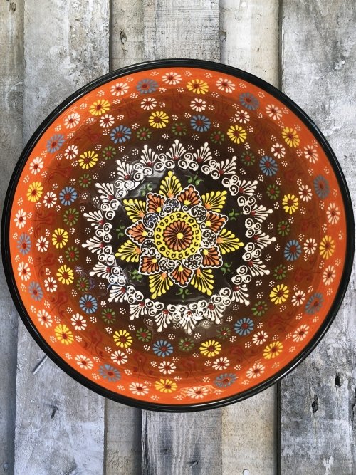 30cm Hand painted Turkish ceramic salad serving bowl orange to brown