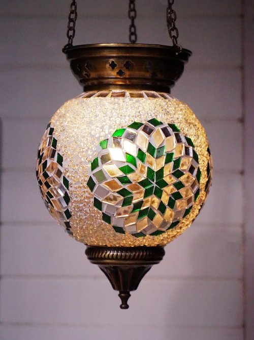 Large Turkish mosaic hanging candle holder clear and green