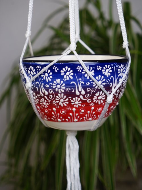 small blue haze white lace hand painted hanging pot