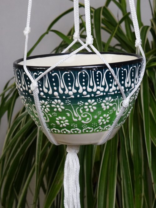small dark green to light green white lace hand painted hanging pot