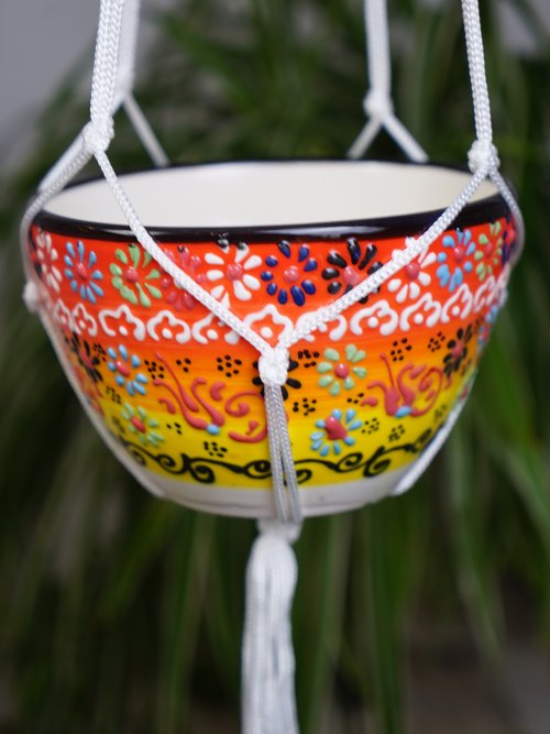 sunrise hand painted hanging pot with plant