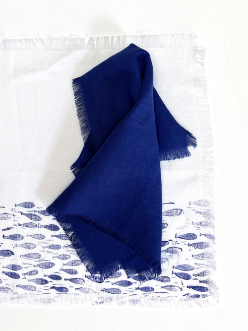 blue frayed french linen napkin folded